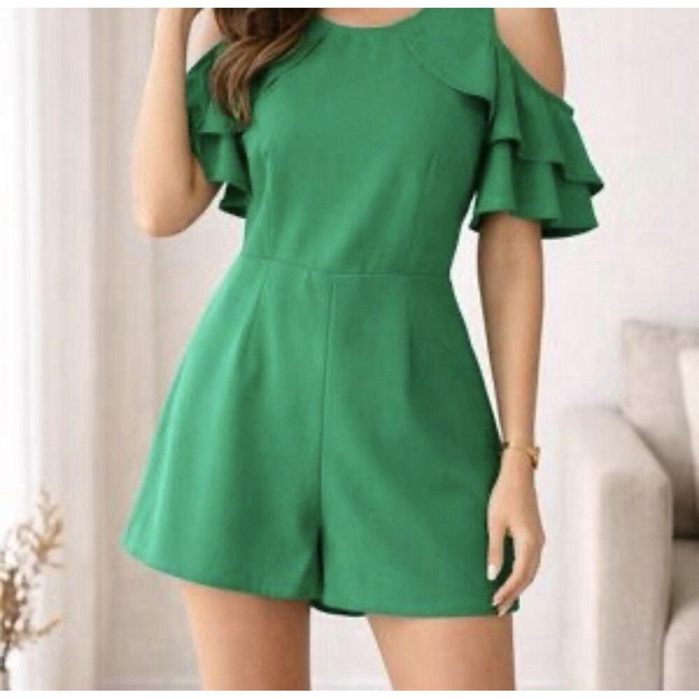 🎀 TCEC Green Cold Shoulder Ruffle Jumpsuit